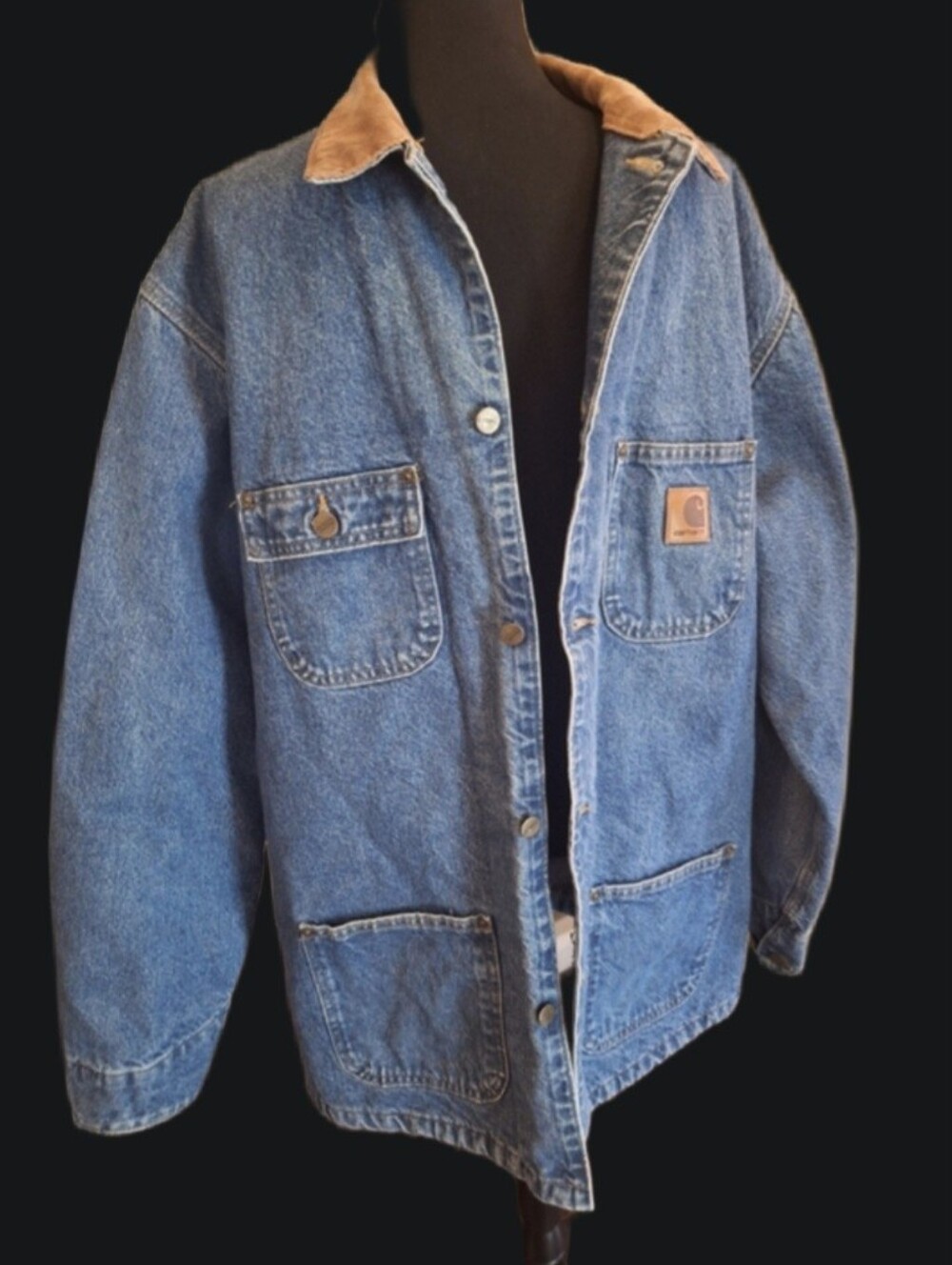 (Tall) Vintage Carhartt Men’s Denim Barn Coat with Tan Corduroy Collar